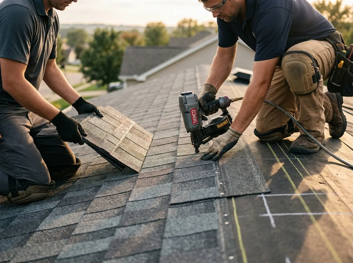 Professional roofer working on a residential roof in Potomac